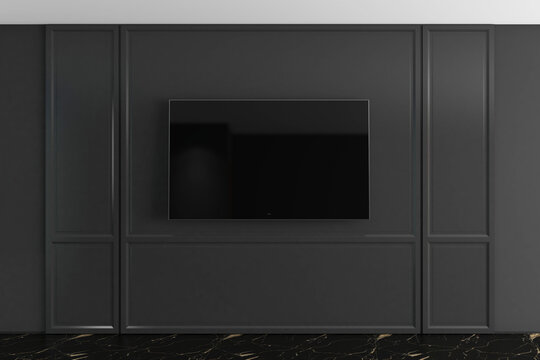 Modern Smart TV Mockup on Dark Gray Classic Wainscoting Wall Interior. 17