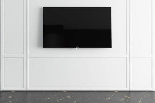 Modern Smart TV Mockup on White Classic Wainscoting Wall Interior. 16