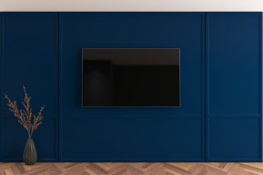 Modern Smart TV Mockup on Blue Classic Wainscoting Wall Interior. 18