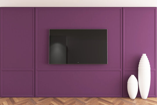 Modern Smart TV Mockup on Purplle Classic Wainscoting Wall Interior. 21