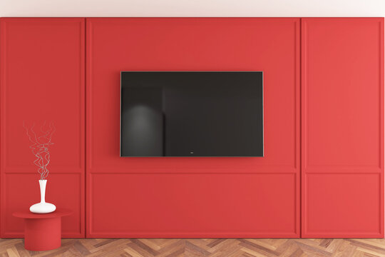 Modern Smart TV Mockup on Red Classic Wainscoting Wall Interior. 20