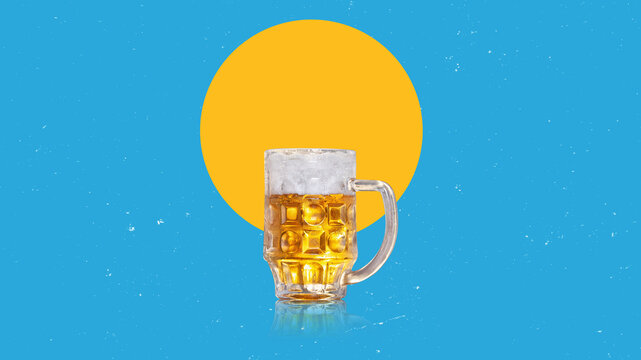 German solid pint glass with fresh, yellow beer and a frothy head, isolated on a free flat design background. Prepared with copy space for a graph display.