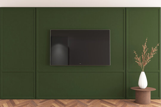 Modern Smart TV Mockup on Green Classic Wainscoting Wall Interior. 25