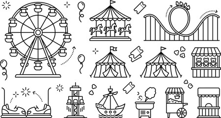 Amusement park line icon set vector illustration with ferris wheel roller coaster carousel tent and carnival attractions © Mst