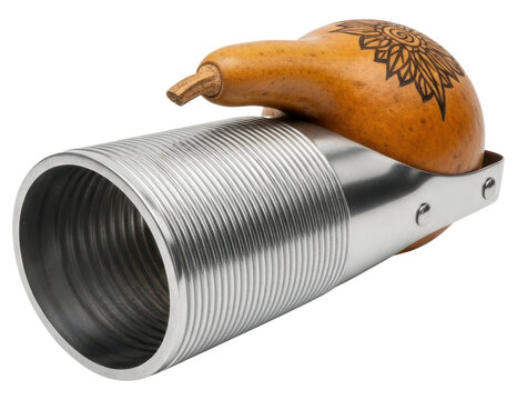 Traditional metal guiro musical instrument with etched gourd over transparent background