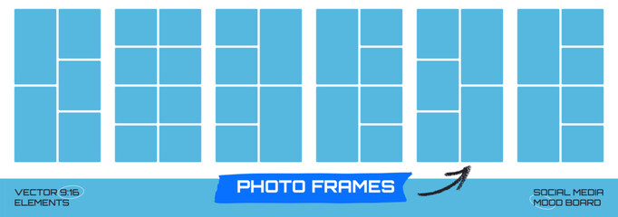 Bento grid set with six tall modular photo boards and mixed panels. Blue placeholders form balanced layouts on white. Vector bento grid collection for social media story design or promotion text box