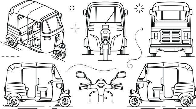 Auto rickshaw tuk tuk vehicle doodle icon set vector illustration with front side back isometric view handle and transport elements