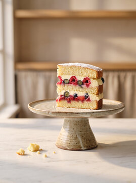 Single slice of layered cream cake topped with red berries served on a small stone pedestal against a soft neutral backdrop