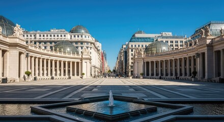 Fototapeta premium A vast urban plaza features grand monumental buildings with classical columns, wide stone walkways, and modern glass dome structures on top, foundation, public, street