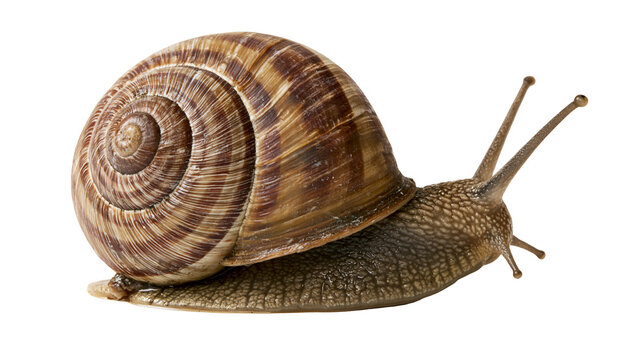 Garden snail with brown spiral shell and antennae