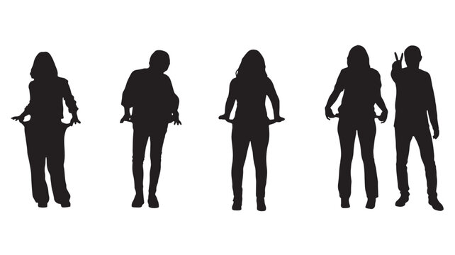 Silhouettes of broke people showing empty pockets vector illustration
