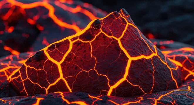 Abstract texture featuring dark, jagged volcanic rocks with intense glowing orange cracks, creating a powerful and hot molten lava effect, ember, fissure, design