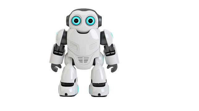 White robot with blue glowing eyes and accents