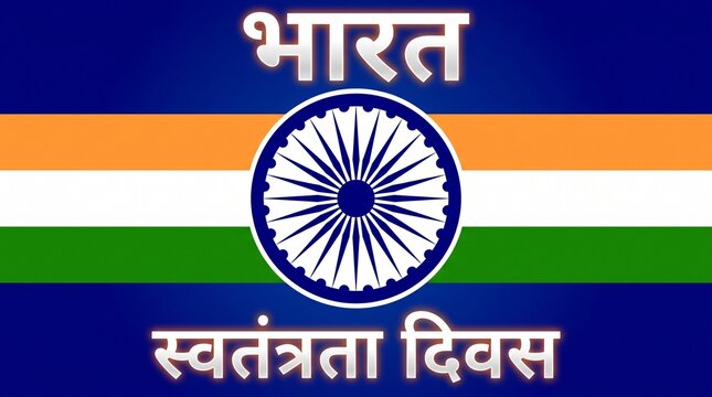 Hindi Inscription means India Independence Day. Vector background with Indian national flag, deep saffron, white and green colors. 15th of august design element with Dharma wheel and glow light effect