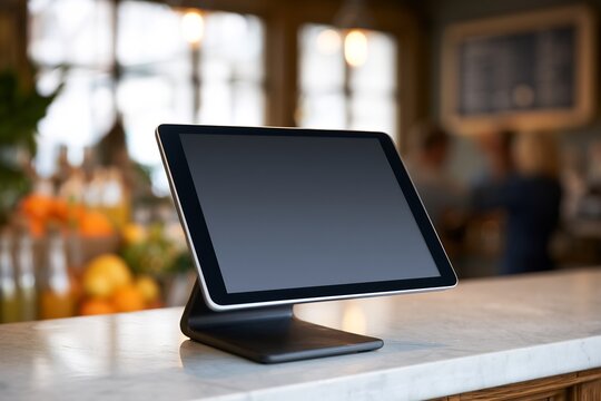 Modern black tablet point of sale display standing on a white marble counter in a bustling cafe, ready for customer transactions