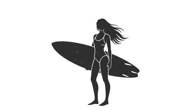 Black and white silhouette of a female surfer holding surfboard on white background with hair blowing in wind.