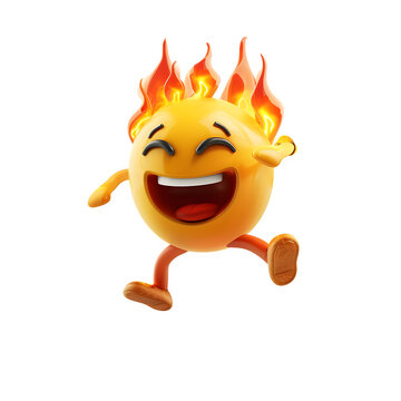 Happy yellow emoji character with vibrant flames on its head laughing joyfully while running excitedly across a clean white background in a high quality three dimensional digital art style render.