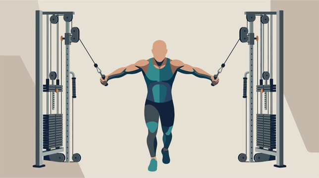 Vector illustration of a muscular male athlete performing a standing cable chest fly exercise in a modern gym setting using a crossover machine for pectoralis muscle isolation.