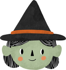 Cute Halloween Witch Face Illustration with Black Hat