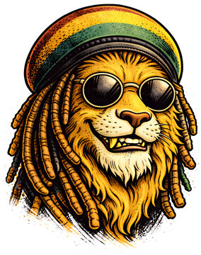 Rasta lion mascot wearing reggae beanie hat isolated on transparent background retro sticker for music festival apparel merchandise branding print
