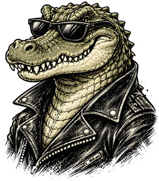 Cool crocodile mascot wearing black leather jacket isolated on transparent background retro sticker for biker club apparel merchandise branding print