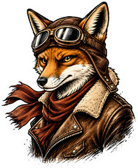 Fototapeta premium Aviator fox mascot wearing retro pilot helmet isolated on transparent background vintage sticker for aviation club apparel merchandise branding print