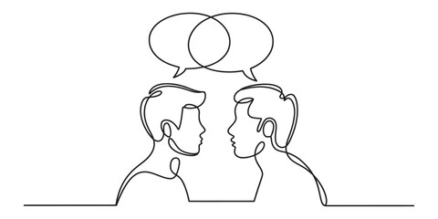 Fototapeta premium Two people talking with speech bubbles continuous line drawing