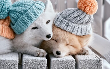 Fototapeta premium Cute arctic and red fox wearing warm knitted hats resting on frosty wooden surface close-up