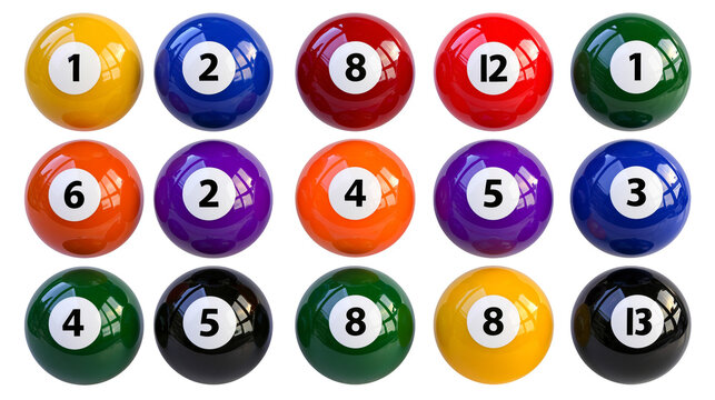 Collection of numbered billiard balls in various colors