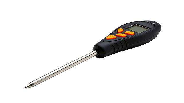 Digital meat thermometer with stainless steel probe and orange buttons