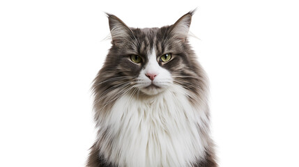 Fototapeta premium Maine Coon cat with fluffy grey and white fur green eyes, and pink nose