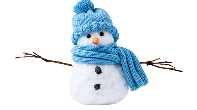 Cute snowman with blue knitted hat and scarf