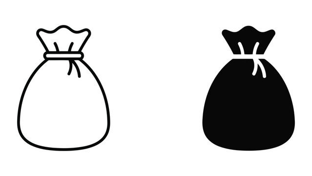 Sack or money bag icon set in line and solid style with currency, business