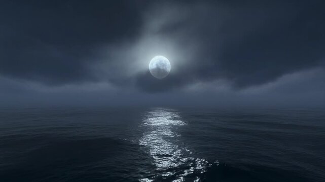 Full Moon Reflecting On Dark Ocean Waves At Night