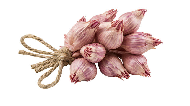 Bundle of fresh garlic bulbs tied with jute rope