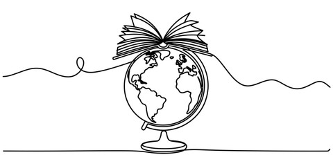 Continuous single line drawing of an open book sitting on top of a world globe isolated on a white background Vector, illustration