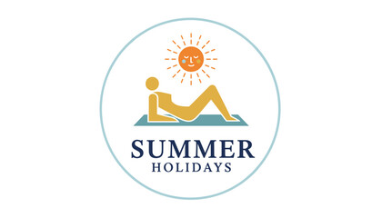 Fototapeta premium Summer holidays circular emblem with stylized sunbathing figure and cute sleeping sun on white background.
