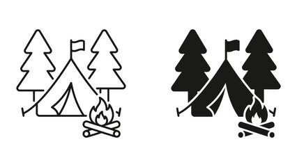 Obraz premium Camping tent with campfire and pine trees outdoors adventure icon set, campfire