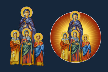 Obraz premium Holy Martyrs Faith, Hope, Love and their mother Sophia. Illustration - fresco set in Byzantine style