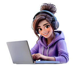 3D character young woman student freelancer sitting with laptop wearing headphones. Girl studying online webinar, remote work coding, education. Gen Z female gamer user smiling, listening to music PNG