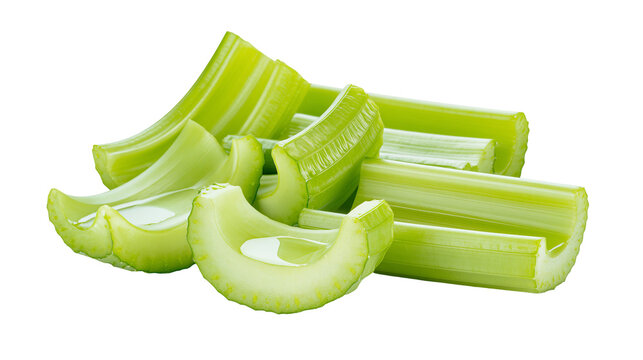 Fresh green celery stalks and slices with water droplets