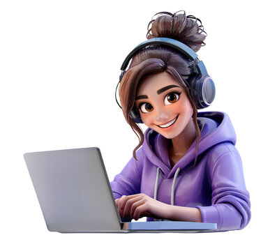 3D character young woman student freelancer sitting with laptop wearing headphones. Girl studying online webinar, remote work coding, education. Gen Z female gamer user smiling, listening to music PNG