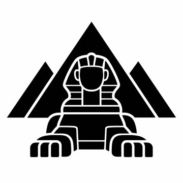 Black and white silhouette icon of the Great Sphinx of Giza with Egyptian pyramids in background.