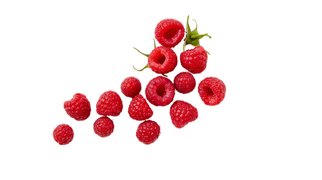 Fresh red raspberries scattered on white