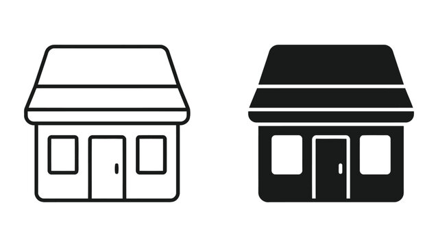 Shop storefront icon set outline and solid with storefront building business