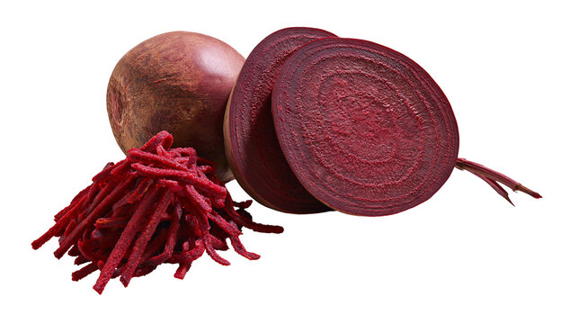 Whole beet sliced beet halves, and shredded beet pile