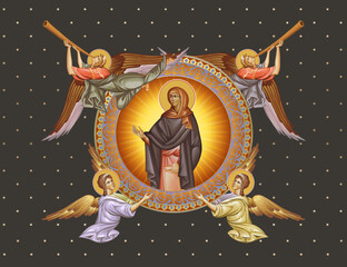 Fototapeta premium Anna the Prophetess. Decorative vintage illustration with angels in Byzantine style