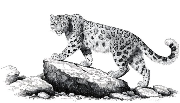 Snow leopard climbing on rocky mountain terrain
