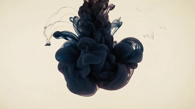 Dark black ink drop dispersing in cream liquid