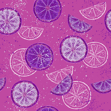 In purple color hand drawn and graphic orange slices with splashes